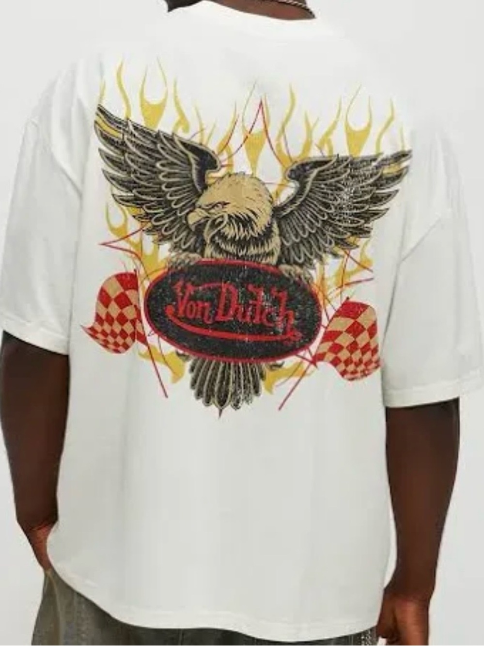 Von Dutch Oversized Eagle Graphic T Shirt Mens L Ivory NWOT Racing Flames Logo